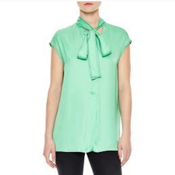 Sandro Lana Tie Neck Apple Green Split Blouse - Picture 3 of 16